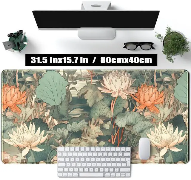 Alt view image 2 of 7 - Light Emerald and Orange Floral Desk Mat, XXL Large Extended Mouse Pad Gaming Desk Pad, Aesthetic Asian Lotus Flower Big Laptop Keyboard and Mouse Mat for Women Desktop Office Decor 31.5x15.7 in
