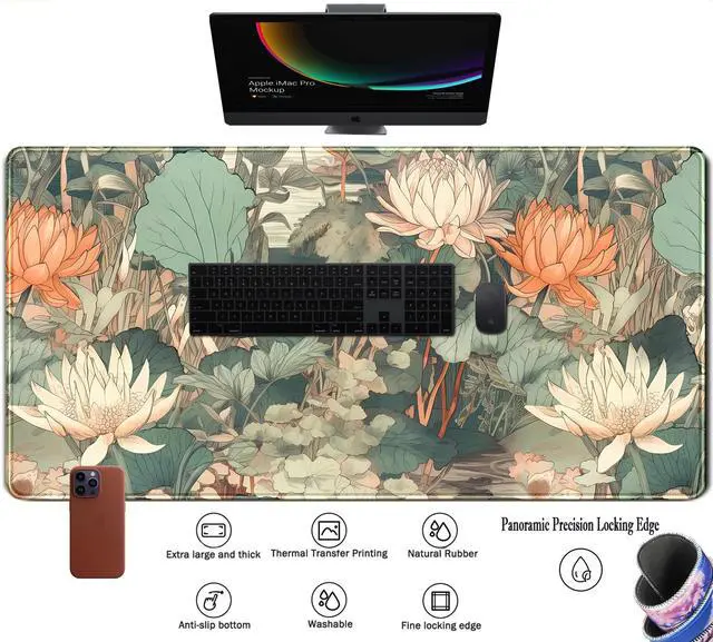 Alt view image 3 of 7 - Light Emerald and Orange Floral Desk Mat, XXL Large Extended Mouse Pad Gaming Desk Pad, Aesthetic Asian Lotus Flower Big Laptop Keyboard and Mouse Mat for Women Desktop Office Decor 31.5x15.7 in