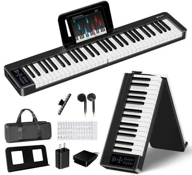 Main image of Rhymo Folding Piano Keyboard, 61 Keys Sensitive Electric Piano, Weighted Portable Electric Keyboards with Bluetooth MIDI, Digital Foldable Keyboard for Beginner (Black)