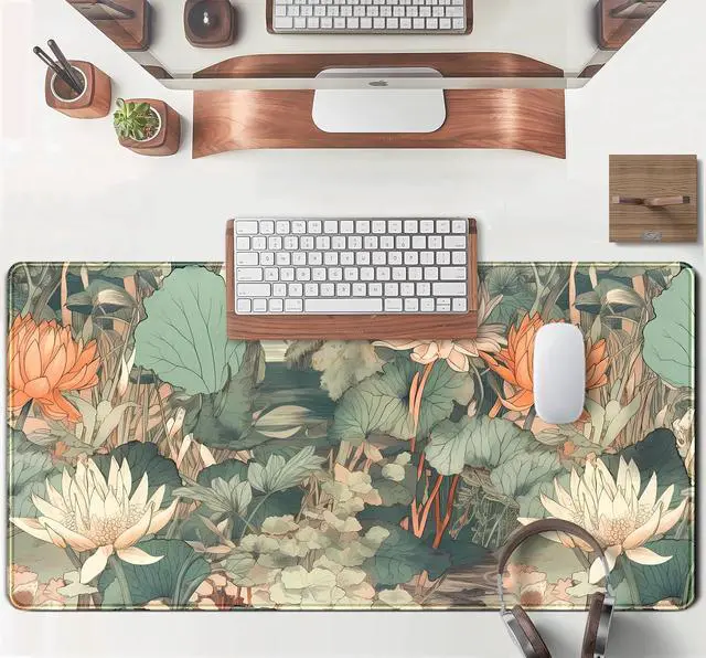 Alt view image 4 of 7 - Light Emerald and Orange Floral Desk Mat, XXL Large Extended Mouse Pad Gaming Desk Pad, Aesthetic Asian Lotus Flower Big Laptop Keyboard and Mouse Mat for Women Desktop Office Decor 31.5x15.7 in