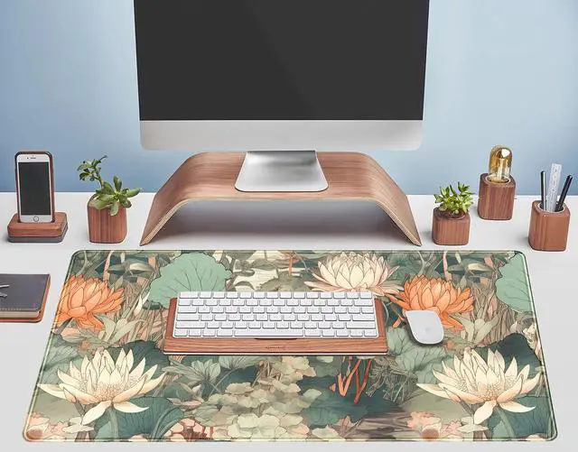 Alt view image 5 of 7 - Light Emerald and Orange Floral Desk Mat, XXL Large Extended Mouse Pad Gaming Desk Pad, Aesthetic Asian Lotus Flower Big Laptop Keyboard and Mouse Mat for Women Desktop Office Decor 31.5x15.7 in