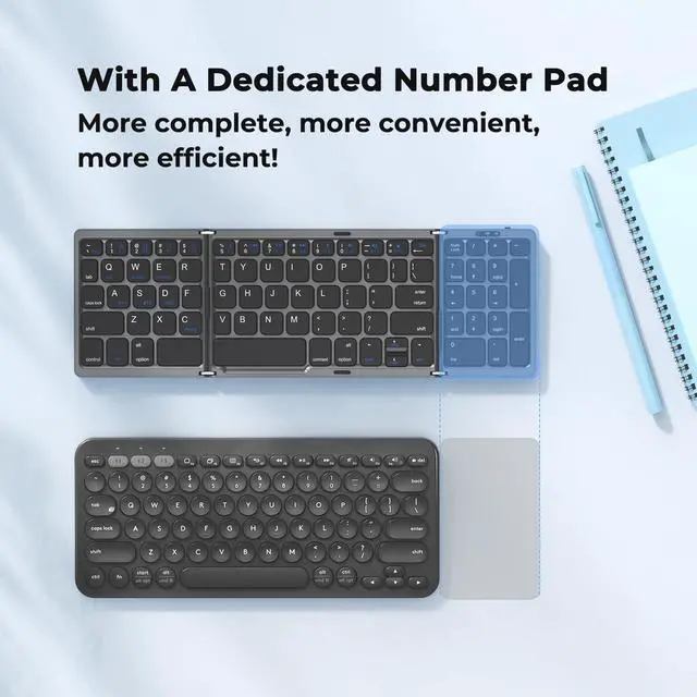 Alt view image 3 of 7 - Foldable Bluetooth Keyboard with Numeric Keypad, Portable Wireless, Black | Rechargeable pocket-size folding keyboard with numeric keypad, 3 devices for Windows, iOS, Android, tablets and laptops