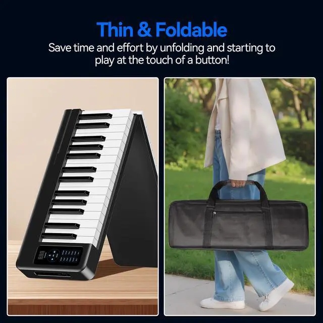 Alt view image 3 of 7 - Rhymo Folding Piano Keyboard, 61 Keys Sensitive Electric Piano, Weighted Portable Electric Keyboards with Bluetooth MIDI, Digital Foldable Keyboard for Beginner (Black)