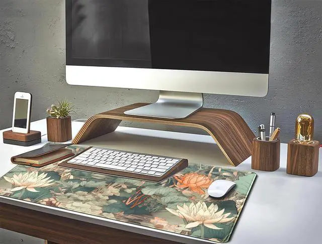 Alt view image 6 of 7 - Light Emerald and Orange Floral Desk Mat, XXL Large Extended Mouse Pad Gaming Desk Pad, Aesthetic Asian Lotus Flower Big Laptop Keyboard and Mouse Mat for Women Desktop Office Decor 31.5x15.7 in