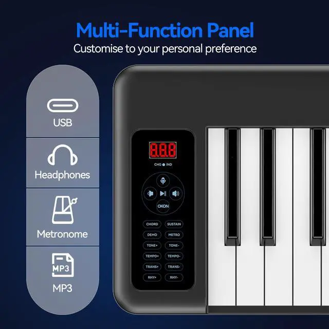 Alt view image 4 of 7 - Rhymo Folding Piano Keyboard, 61 Keys Sensitive Electric Piano, Weighted Portable Electric Keyboards with Bluetooth MIDI, Digital Foldable Keyboard for Beginner (Black)
