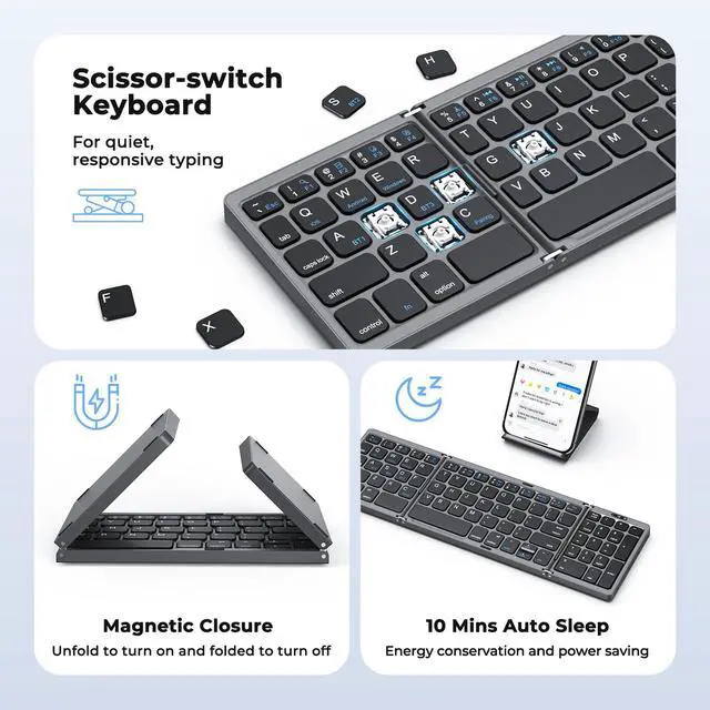 Alt view image 5 of 7 - Foldable Bluetooth Keyboard with Numeric Keypad, Portable Wireless, Black | Rechargeable pocket-size folding keyboard with numeric keypad, 3 devices for Windows, iOS, Android, tablets and laptops
