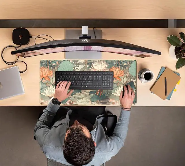 Alt view image 7 of 7 - Light Emerald and Orange Floral Desk Mat, XXL Large Extended Mouse Pad Gaming Desk Pad, Aesthetic Asian Lotus Flower Big Laptop Keyboard and Mouse Mat for Women Desktop Office Decor 31.5x15.7 in