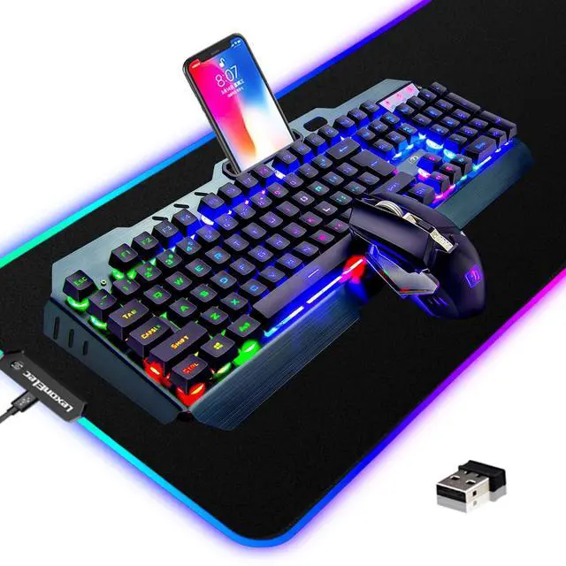 Main image of Wireless Gaming Keyboard and Mouse Combo,3 in 1 Rainbow LED Rechargeable Keyboard Mouse with 3800mAh Battery Metal Panel,10 Colors RGB Gaming Mouse Pad (32.5x12x0.15 inch),7 Colors Mute Gaming Mouse