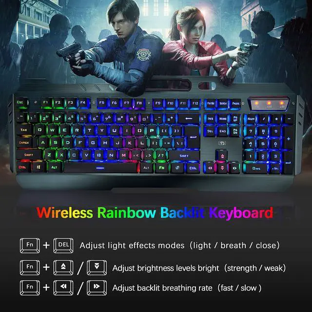 Alt view image 2 of 7 - Wireless Gaming Keyboard and Mouse Combo,3 in 1 Rainbow LED Rechargeable Keyboard Mouse with 3800mAh Battery Metal Panel,10 Colors RGB Gaming Mouse Pad (32.5x12x0.15 inch),7 Colors Mute Gaming Mouse