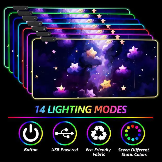 Alt view image 2 of 7 - DINKY RGB Large Gaming Mouse Pad, Extended Mousepad with 14 Light Modes, LED Desk Mat with Non-Slip Rubber Base, Computer Keyboard Pad 35.4" x 15.8", Purple Star