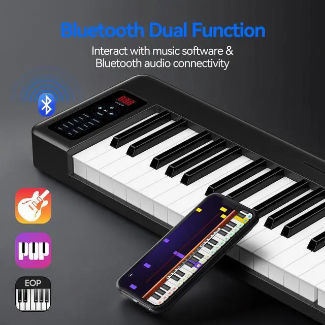 Alt view image 7 of 7 - Rhymo Folding Piano Keyboard, 61 Keys Sensitive Electric Piano, Weighted Portable Electric Keyboards with Bluetooth MIDI, Digital Foldable Keyboard for Beginner (Black)