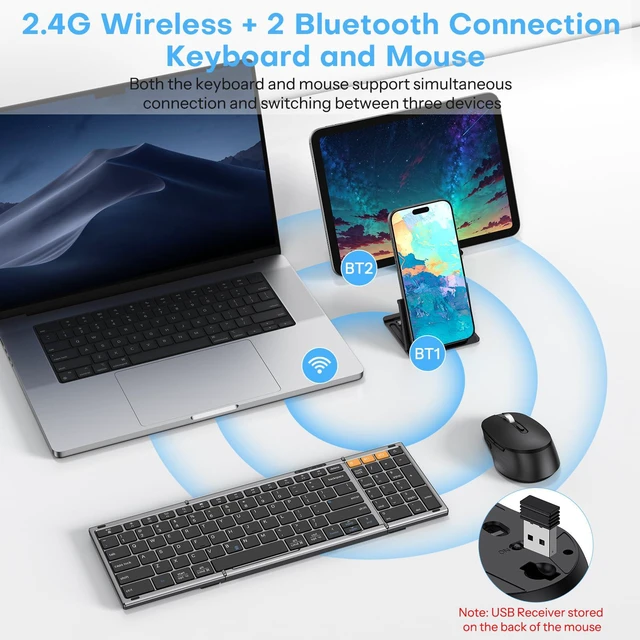 Alt view image 2 of 7 - Foldable Keyboard and Mouse for 3 Devices, OMOTON Wireless Bluetooth Combo | USB-C Rechargeable, Ergonomic Mouse, Full-Size Folding with Numpad for Mac/Windows/iPhone/Tablet, Travel Portable, Space Gr