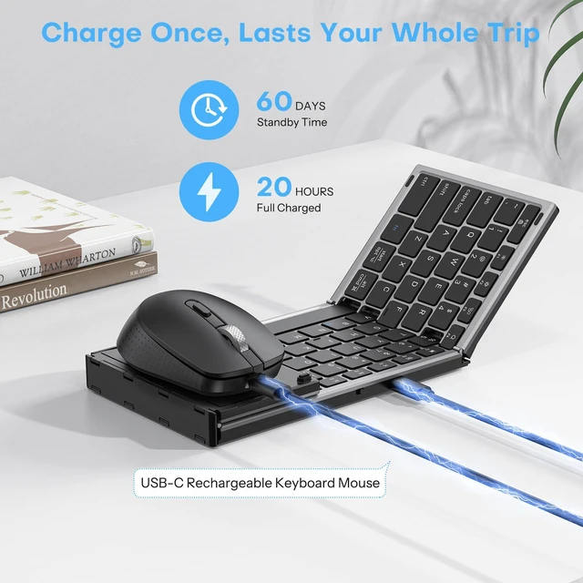Alt view image 3 of 7 - Foldable Keyboard and Mouse for 3 Devices, OMOTON Wireless Bluetooth Combo | USB-C Rechargeable, Ergonomic Mouse, Full-Size Folding with Numpad for Mac/Windows/iPhone/Tablet, Travel Portable, Space Gr