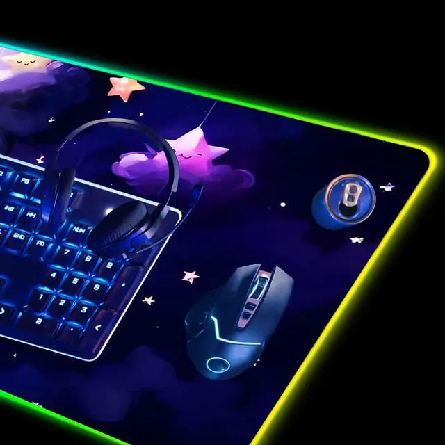 Alt view image 4 of 7 - DINKY RGB Large Gaming Mouse Pad, Extended Mousepad with 14 Light Modes, LED Desk Mat with Non-Slip Rubber Base, Computer Keyboard Pad 35.4" x 15.8", Purple Star