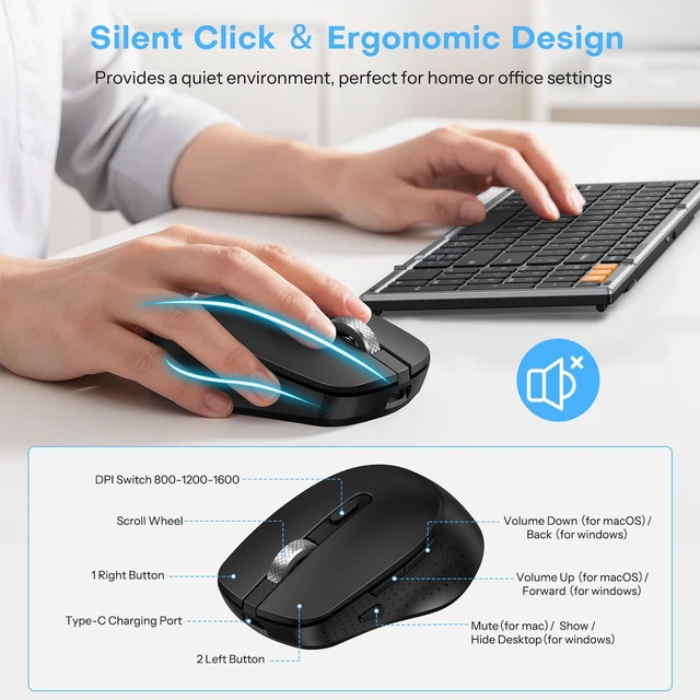 Alt view image 4 of 7 - Foldable Keyboard and Mouse for 3 Devices, OMOTON Wireless Bluetooth Combo | USB-C Rechargeable, Ergonomic Mouse, Full-Size Folding with Numpad for Mac/Windows/iPhone/Tablet, Travel Portable, Space Gr
