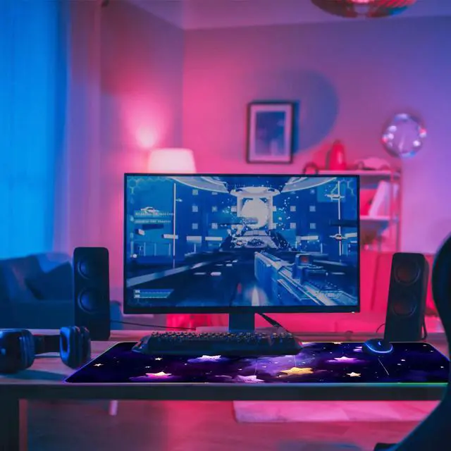 Alt view image 6 of 7 - DINKY RGB Large Gaming Mouse Pad, Extended Mousepad with 14 Light Modes, LED Desk Mat with Non-Slip Rubber Base, Computer Keyboard Pad 35.4" x 15.8", Purple Star