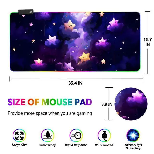 Alt view image 7 of 7 - DINKY RGB Large Gaming Mouse Pad, Extended Mousepad with 14 Light Modes, LED Desk Mat with Non-Slip Rubber Base, Computer Keyboard Pad 35.4" x 15.8", Purple Star