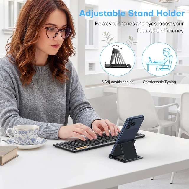 Alt view image 7 of 7 - Foldable Keyboard and Mouse for 3 Devices, OMOTON Wireless Bluetooth Combo | USB-C Rechargeable, Ergonomic Mouse, Full-Size Folding with Numpad for Mac/Windows/iPhone/Tablet, Travel Portable, Space Gr