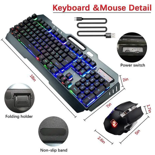 Alt view image 7 of 7 - Wireless Gaming Keyboard and Mouse Combo,3 in 1 Rainbow LED Rechargeable Keyboard Mouse with 3800mAh Battery Metal Panel,10 Colors RGB Gaming Mouse Pad (32.5x12x0.15 inch),7 Colors Mute Gaming Mouse