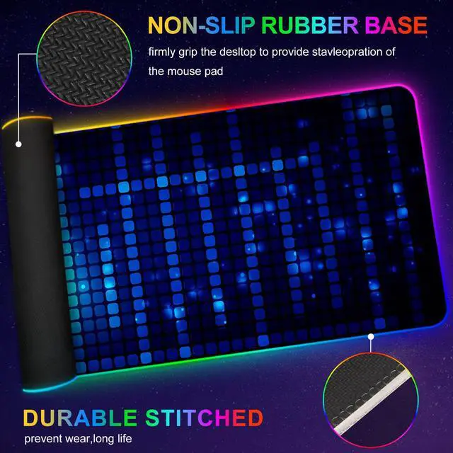 Alt view image 3 of 7 - Blue RGB Gaming Mouse Pad, XXL Mousepad Non-Slip Rubber Base, Cool Computer Desk Pad Keyboard Mat LED Glowing Square Extended Mouse Pad for Gamer
