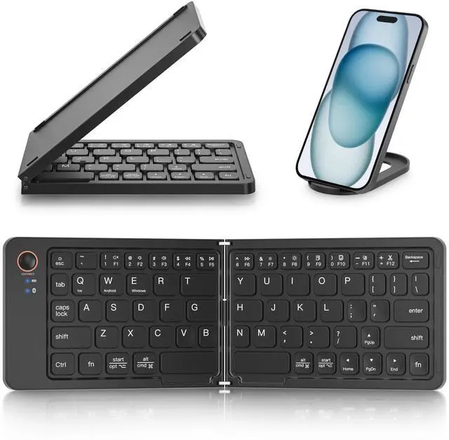 Main image of Mini Foldable Bluetooth Keyboard - Portable Wireless Full Size Keyboard (Sync Up to 3 Devices), Ultra-Slim Aluminum Travel Folding Keyboards for iPhone iPad Mac Android Windows iOS (Black)