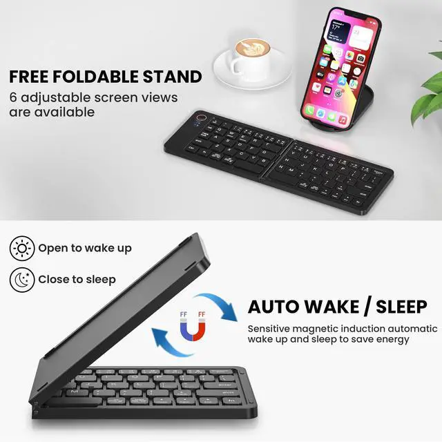 Alt view image 2 of 7 - Mini Foldable Bluetooth Keyboard - Portable Wireless Full Size Keyboard (Sync Up to 3 Devices), Ultra-Slim Aluminum Travel Folding Keyboards for iPhone iPad Mac Android Windows iOS (Black)