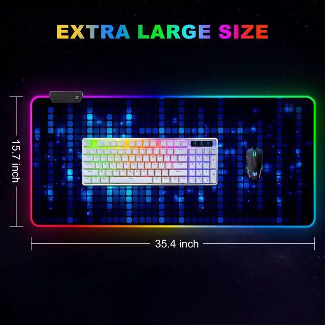 Alt view image 5 of 7 - Blue RGB Gaming Mouse Pad, XXL Mousepad Non-Slip Rubber Base, Cool Computer Desk Pad Keyboard Mat LED Glowing Square Extended Mouse Pad for Gamer