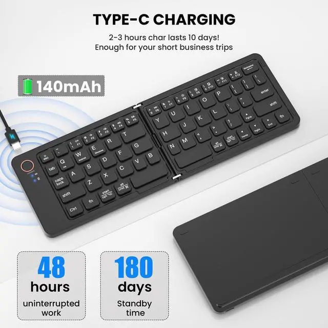 Alt view image 3 of 7 - Mini Foldable Bluetooth Keyboard - Portable Wireless Full Size Keyboard (Sync Up to 3 Devices), Ultra-Slim Aluminum Travel Folding Keyboards for iPhone iPad Mac Android Windows iOS (Black)