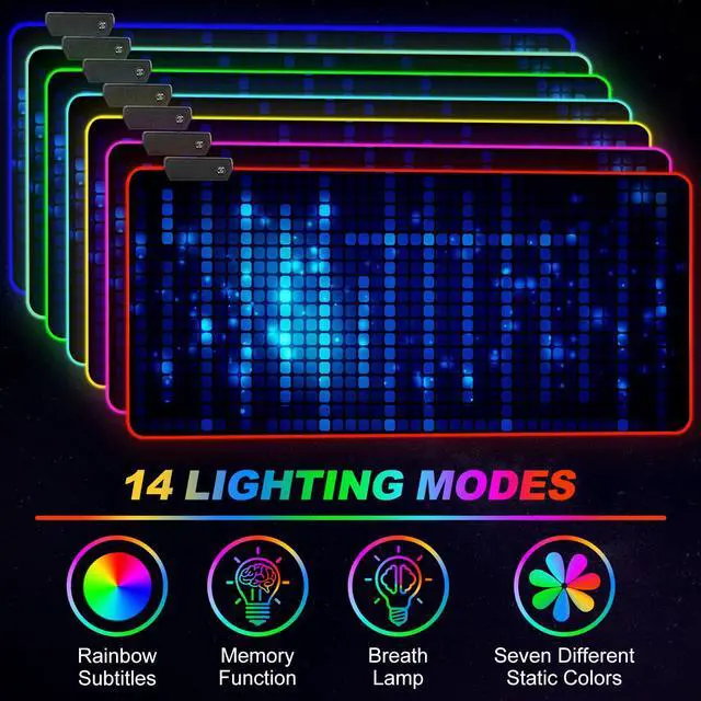 Alt view image 6 of 7 - Blue RGB Gaming Mouse Pad, XXL Mousepad Non-Slip Rubber Base, Cool Computer Desk Pad Keyboard Mat LED Glowing Square Extended Mouse Pad for Gamer
