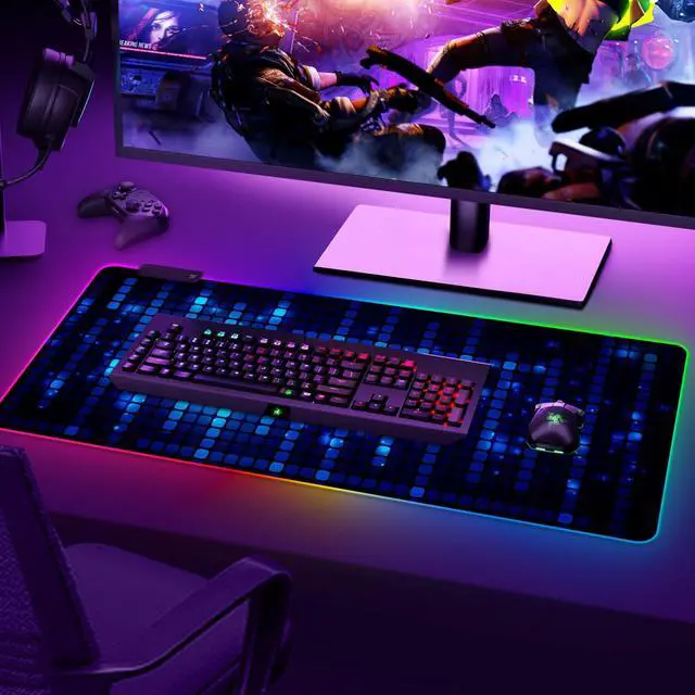 Alt view image 7 of 7 - Blue RGB Gaming Mouse Pad, XXL Mousepad Non-Slip Rubber Base, Cool Computer Desk Pad Keyboard Mat LED Glowing Square Extended Mouse Pad for Gamer