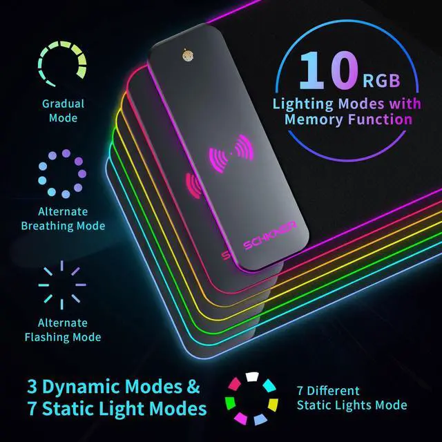 Alt view image 3 of 7 - Schkner RGB Gaming Mouse Pad with Wireless Charging 15W, Large Desk Mat 800x300x4mm, 10 Light Modes Keyboard Pad with Non-Slip Rubber Base, Waterproof Mousepad for Gaming PC MacBook Laptop