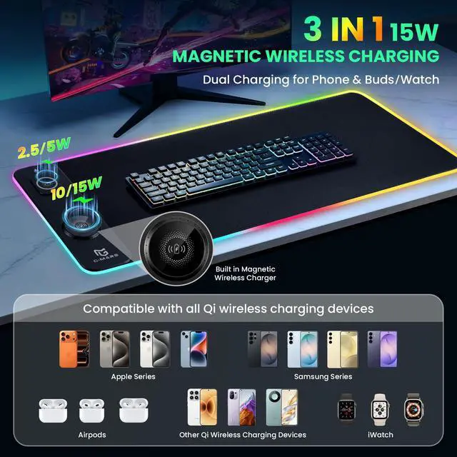 Alt view image 2 of 7 - Gimars Upgrade 3 in 1 RGB Mouse Pad with 15W Magnetic Fast Wireless Charging, 31.5x11.8x0.16in Gaming Mousepad, 15 Color Modes, Waterproof Non-Slip XXL Desk Mat with Smooth Surface for Home Office PC