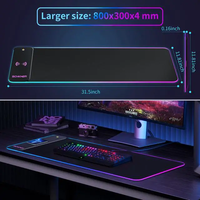 Alt view image 6 of 7 - Schkner RGB Gaming Mouse Pad with Wireless Charging 15W, Large Desk Mat 800x300x4mm, 10 Light Modes Keyboard Pad with Non-Slip Rubber Base, Waterproof Mousepad for Gaming PC MacBook Laptop