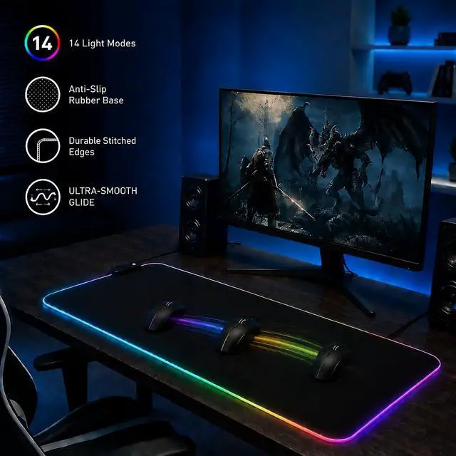 Alt view image 2 of 7 - RGB Gaming Mouse Pad, 0.16 Inch Thickness, 31.5" x 11.8" Large Mouse Pad for Desk, 14 Light Modes Desk Mat, Waterproof, for PC Laptop Office Gaming Use