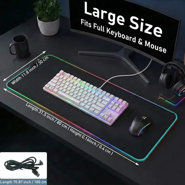 Alt view image 3 of 7 - RGB Gaming Mouse Pad, 0.16 Inch Thickness, 31.5" x 11.8" Large Mouse Pad for Desk, 14 Light Modes Desk Mat, Waterproof, for PC Laptop Office Gaming Use