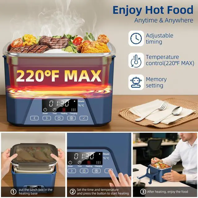 Alt view image 3 of 6 - Cordless Electric Lunch Box for Adults, Heated Lunch Box 20000 mAh Battery Powered with Automatic Heating, 1.2L Portable Food Warmer, BPA Free
