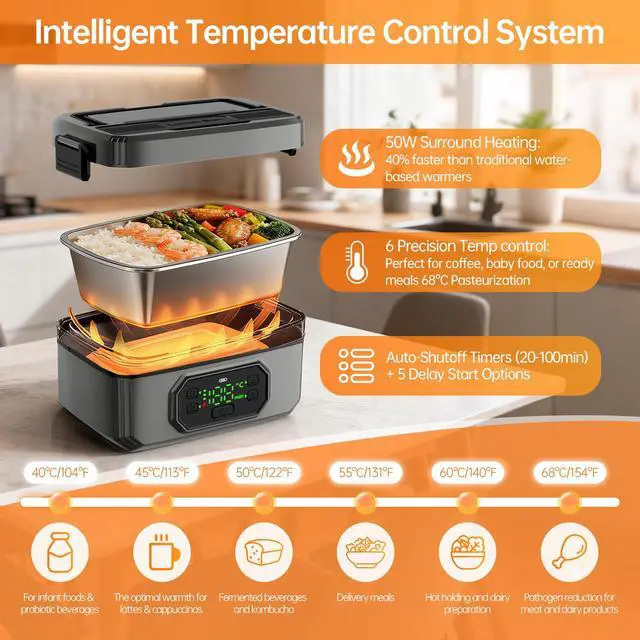 Alt view image 4 of 7 - 21000mAh Rechargeable Cordless Electric Lunch Box for men, 1.2L Food Warmer with Timer & Leak-Proof, Portable Self-Heating for Office, Car, Travel, Outdoor (grey, 1.2L)