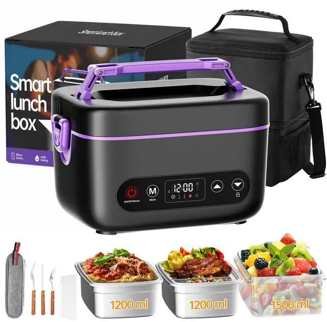 Main image of 2X1.2L 100W Cordless Electric Heated Lunch Box, Upgared 5D Surround Heat Tech 6x4000mAh Battery Powered with Dual Insulated Bag, Portable Food Warmer Automatic Heating 220°F Max BPA Free Purple