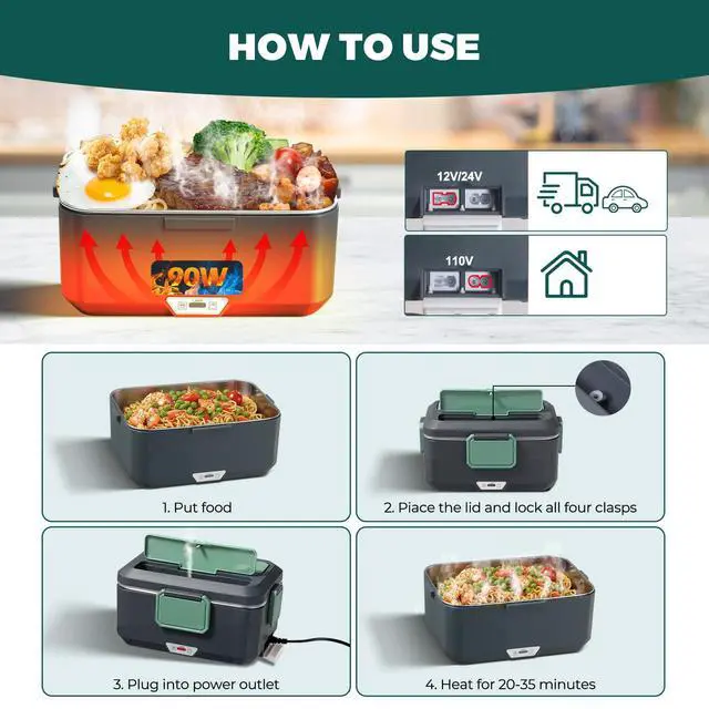 Alt view image 2 of 7 - 3.5L 2-Layer Electric Lunch Box, 90W Efficient Heating Food Warmer with 304 Stainless Steel Detachable Liner, 12V/24V/110V Multi-Voltage for Car/Truck/Home/Office,