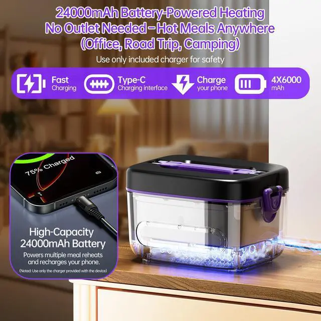 Alt view image 2 of 7 - 2X1.2L 100W Cordless Electric Heated Lunch Box, Upgared 5D Surround Heat Tech 6x4000mAh Battery Powered with Dual Insulated Bag, Portable Food Warmer Automatic Heating 220°F Max BPA Free Purple