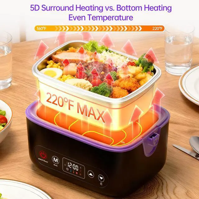 Alt view image 3 of 7 - 2X1.2L 100W Cordless Electric Heated Lunch Box, Upgared 5D Surround Heat Tech 6x4000mAh Battery Powered with Dual Insulated Bag, Portable Food Warmer Automatic Heating 220°F Max BPA Free Purple