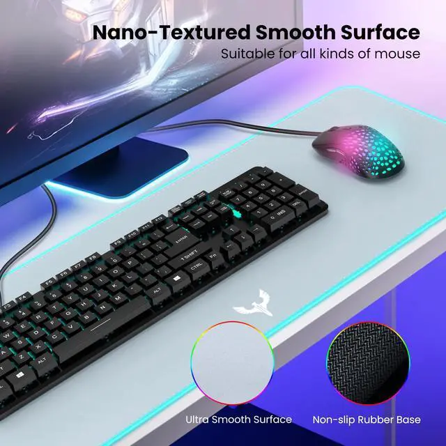 Alt view image 3 of 6 - RGB Gaming Mouse Pad Extra Large Extended 31.5x12 Inch-Grey | LED mouse pad with 14 lighting modes, covers keyboard & mouse, anti-slip rubber base, waterproof surface, USB powered