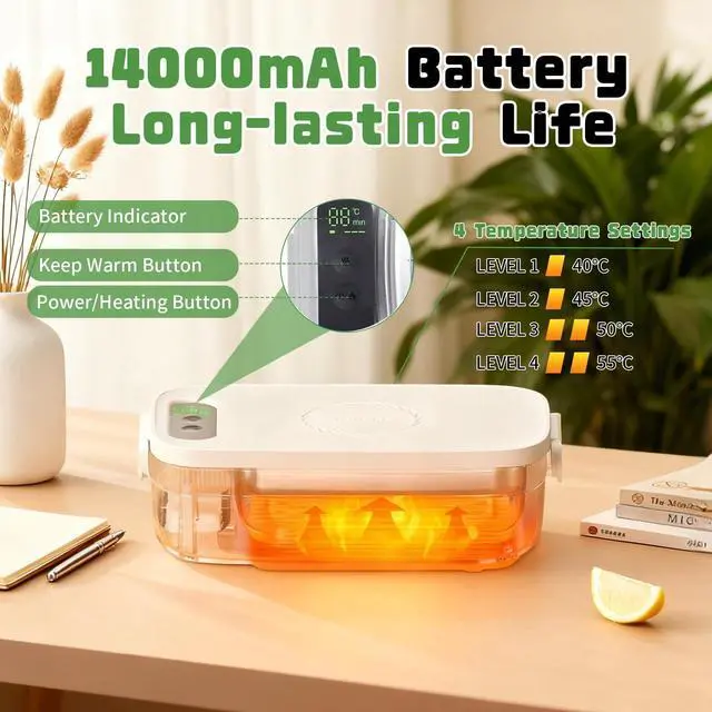 Alt view image 3 of 7 - Cordless Electric Lunch Box for Adults, 34oz/1L Heated Lunch Box with Timer & Adjustable Heating, 14000mAh Rechargeable Portable Food Warmer Lunch Boxs for Office, Travel, Picnic, Outdoor