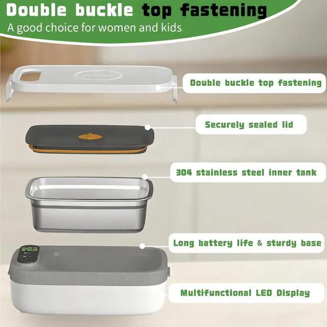 Alt view image 4 of 7 - Cordless Electric Lunch Box for Adults, 34oz/1L Heated Lunch Box with Timer & Adjustable Heating, 14000mAh Rechargeable Portable Food Warmer Lunch Boxs for Office, Travel, Picnic, Outdoor