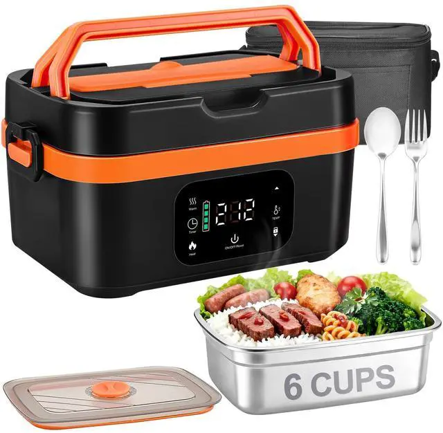 Main image of Cordless Heated Lunch Box for Adults, 30000mAh Battery, 100W, 6-Cup | 316 stainless steel container, smart scheduled heating, LED display and insulated carry lunch bag for work and camping