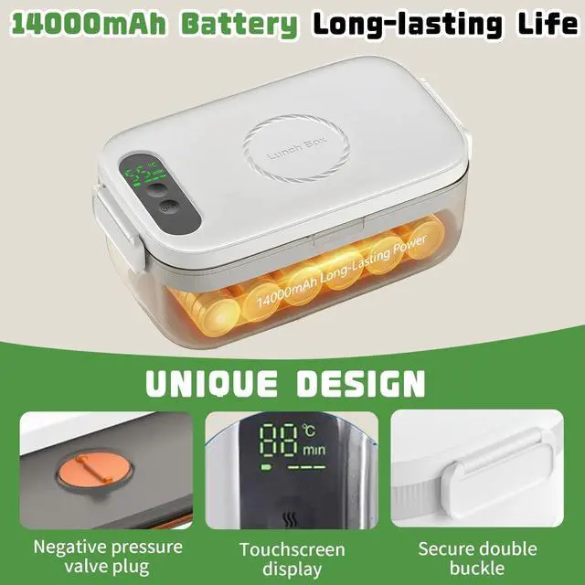 Alt view image 5 of 7 - Cordless Electric Lunch Box for Adults, 34oz/1L Heated Lunch Box with Timer & Adjustable Heating, 14000mAh Rechargeable Portable Food Warmer Lunch Boxs for Office, Travel, Picnic, Outdoor