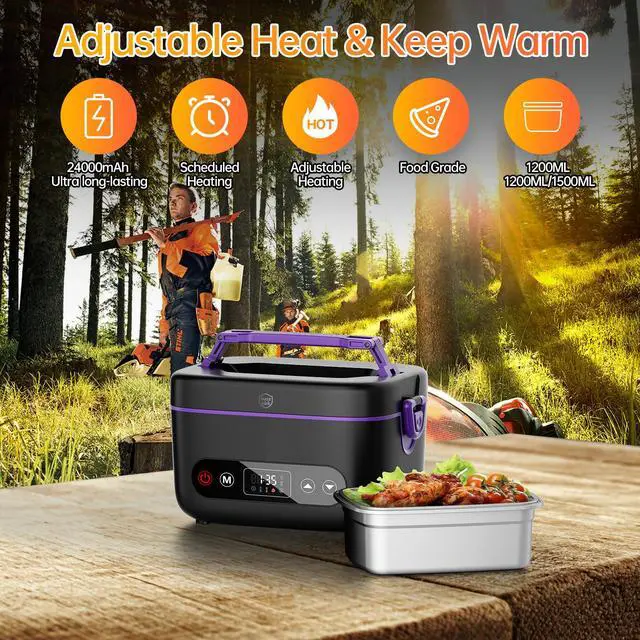Alt view image 4 of 7 - 2X1.2L 100W Cordless Electric Heated Lunch Box, Upgared 5D Surround Heat Tech 6x4000mAh Battery Powered with Dual Insulated Bag, Portable Food Warmer Automatic Heating 220°F Max BPA Free Purple