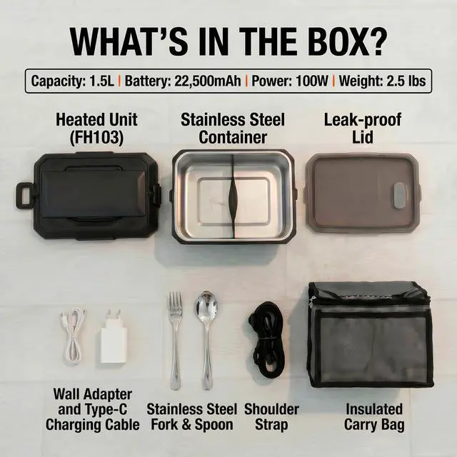 Alt view image 6 of 7 - Heated Lunch Box for Men, Cordless Electric Self Heating Lunchbox, 22500mAh Rechargeable Battery Powered Food Warmer, Portable Reheatable 1.5L Stainless Steel, Scheduled Heating for work