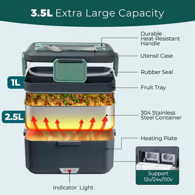 Alt view image 6 of 7 - 3.5L 2-Layer Electric Lunch Box, 90W Efficient Heating Food Warmer with 304 Stainless Steel Detachable Liner, 12V/24V/110V Multi-Voltage for Car/Truck/Home/Office,