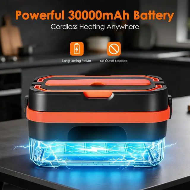 Alt view image 3 of 7 - Cordless Heated Lunch Box for Adults, 30000mAh Battery, 100W, 6-Cup | 316 stainless steel container, smart scheduled heating, LED display and insulated carry lunch bag for work and camping